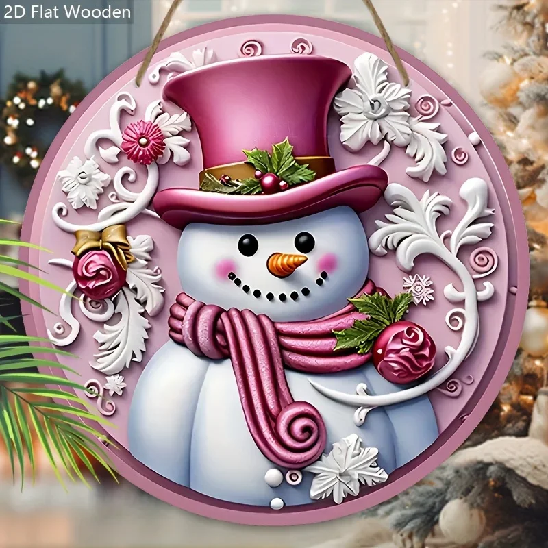 2D Flat, 2D Flat Pink Christmas Wooden Sign with Snowman Pattern Design - Cute Winter Wonderland Round Sign for Front Door Wall