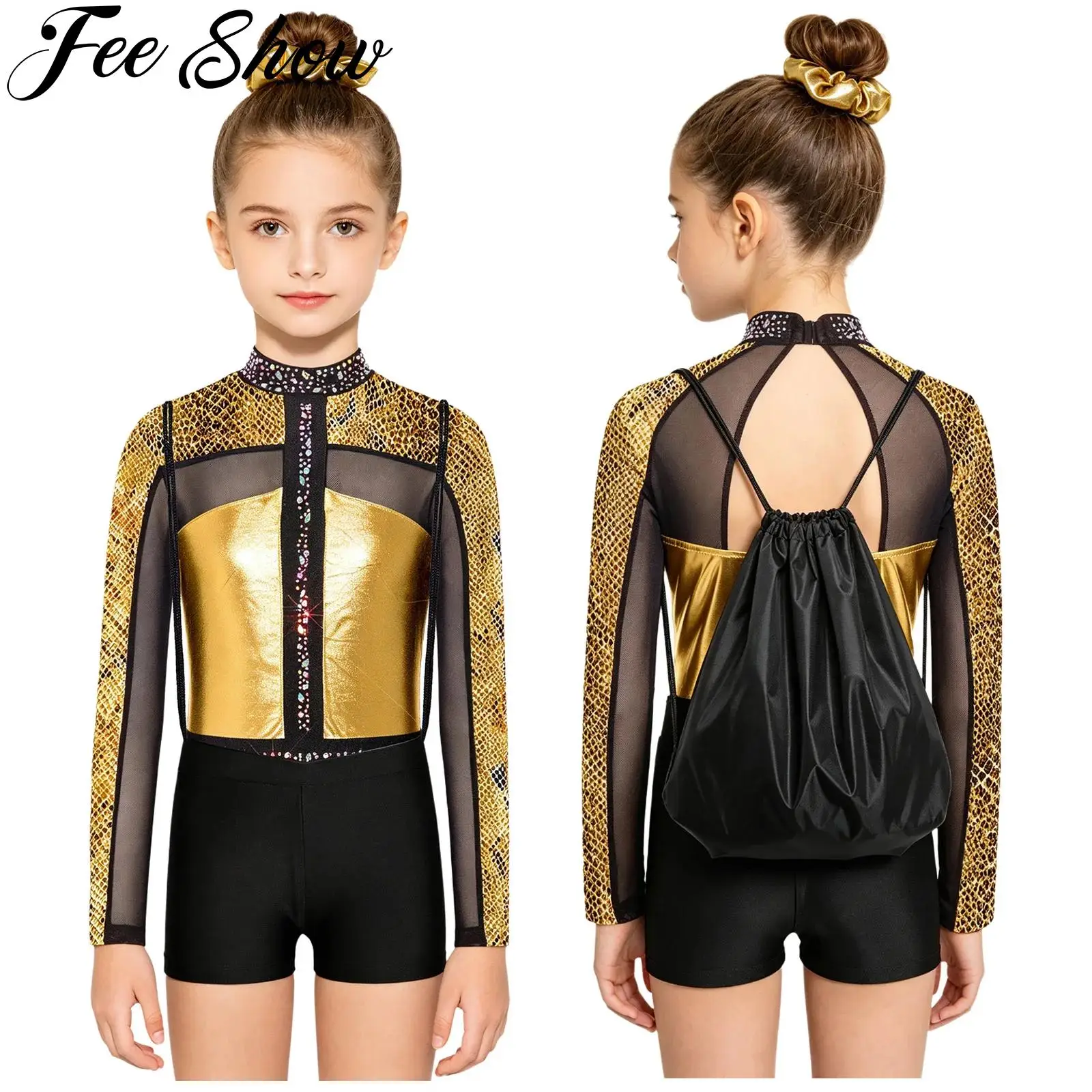Kids Girls Metallic Gymnastics Leotard Rhinestones Long Sleeve Print Bodysuit with Shorts Ballet Dance Skating Acrobatic Costume