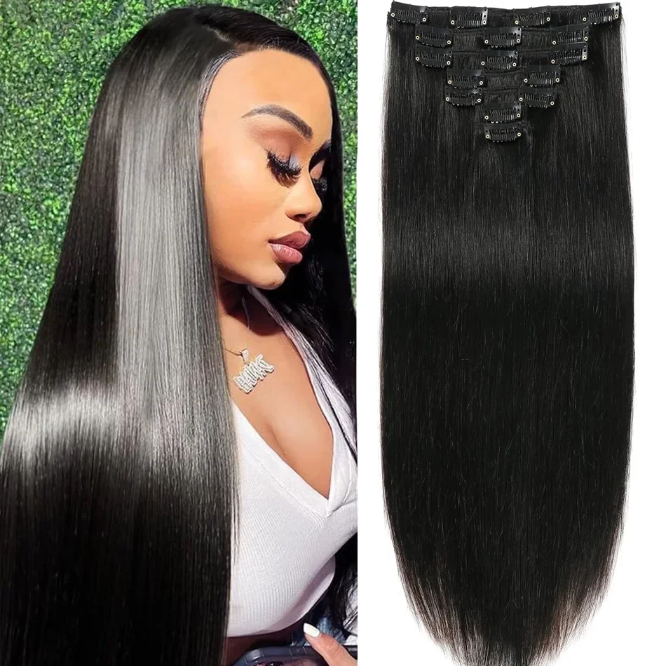 Maxhair-Extensão de cabelo reto com clipe para mulheres, cabelo humano, cabeça cheia, brasileiro, cor 1B, 100g por conjunto