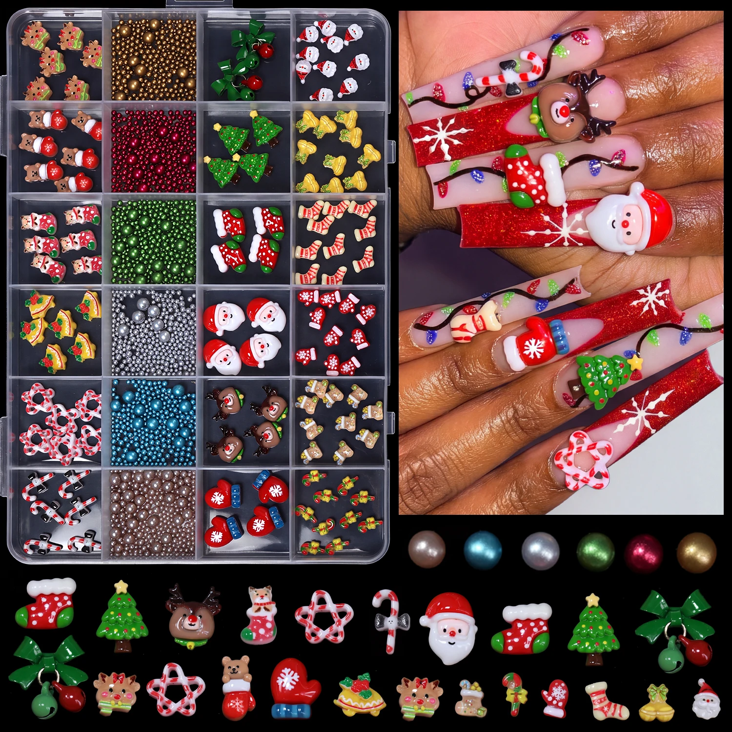 1Box Christmas Nail Art Decorations Cartoon Snowman Bear Sock Bow Beads Nail Charm For Professional Nail Salon Home DIY Manicure