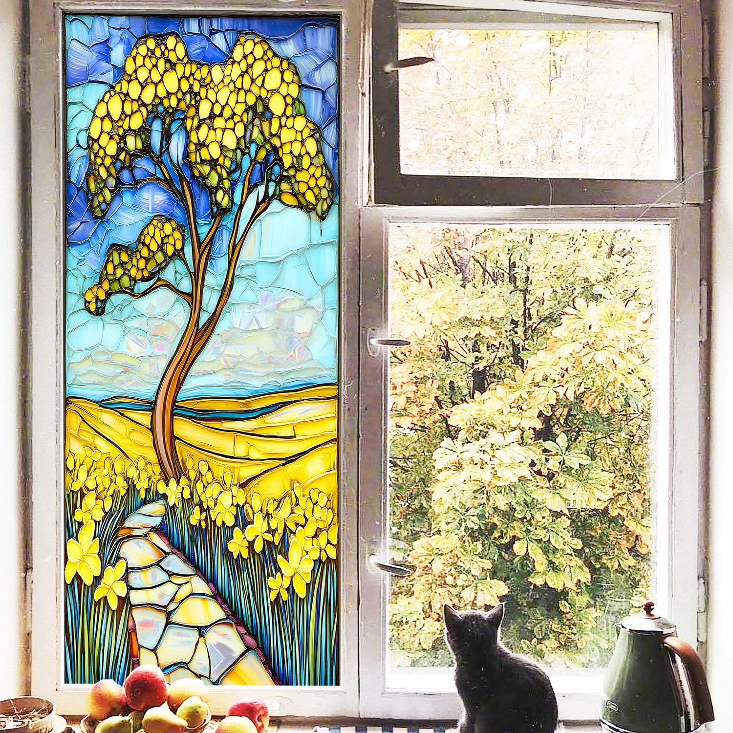 Regenbogen-Blumen-Sonnenfänger, Sichtschutzfolie, UV-Schutz, Glas, statisch haftendes Dekor für Badezimmertür, Küche – Detail 13