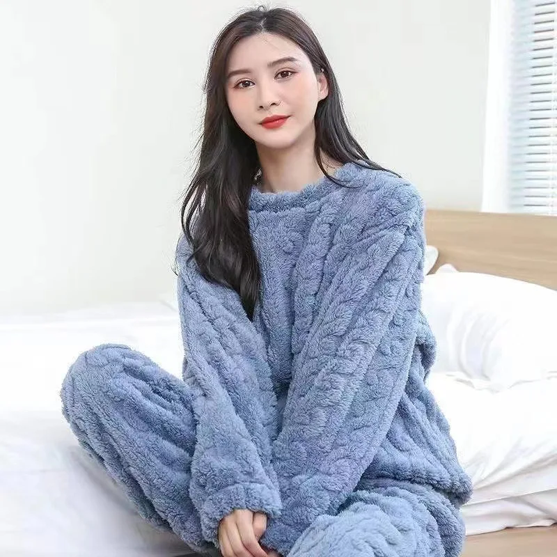 Women\'s Warm Flannel Pajamas Sets Two-piece Coral Fleece Homewear Autumn Winter Loose Casual Striped Simple Cozy Pajamas