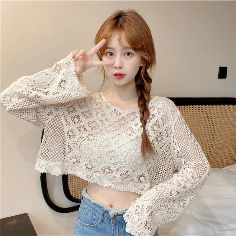 Summer Sweet Cutout Thin Knitted Sun Protection Loose Short Blouse Lace Shirt for Women Wholesale