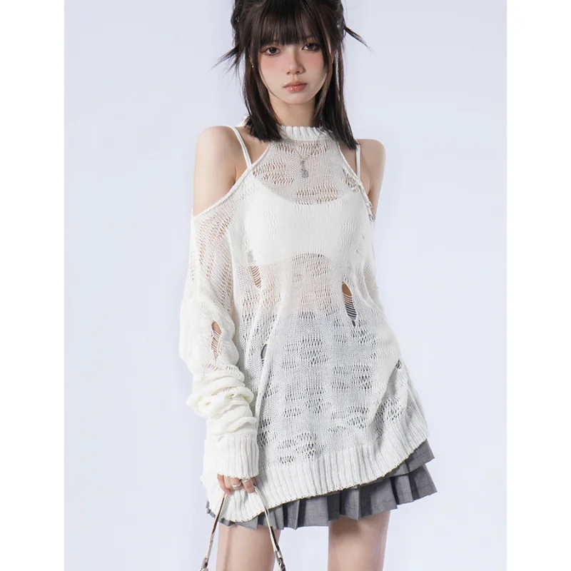 Autumn New Fashion Ripped Pullovers Women Korean Baggy Chic Simple Knitted Sexy Smock Ulzzang Streetwear Vintage Sweaters