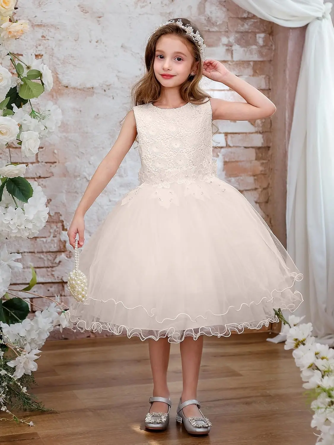 Vestido de menina de flor com renda chiffon, vestido de formatura de dança de aniversário de princesa, vestido fofo de comunhão sem mangas com laço para idades de 2 a 13 anos
