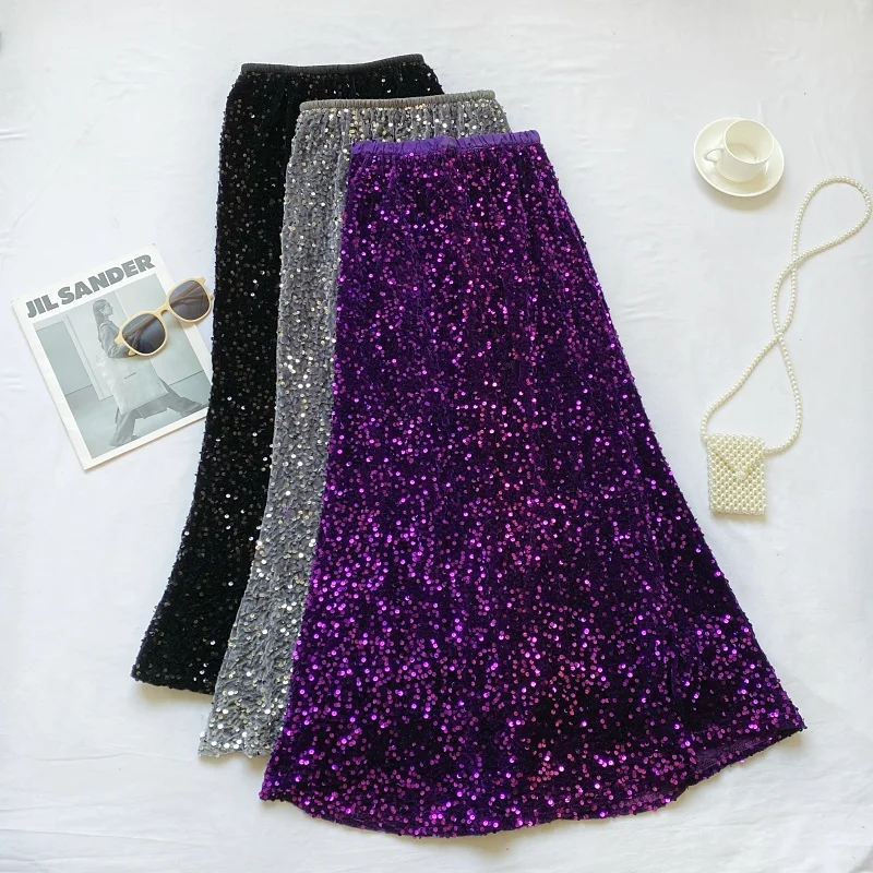 

Вельветовая юбка-миди с пайетками, А-силуэт, с высокой талией, однотонная, осень 2023