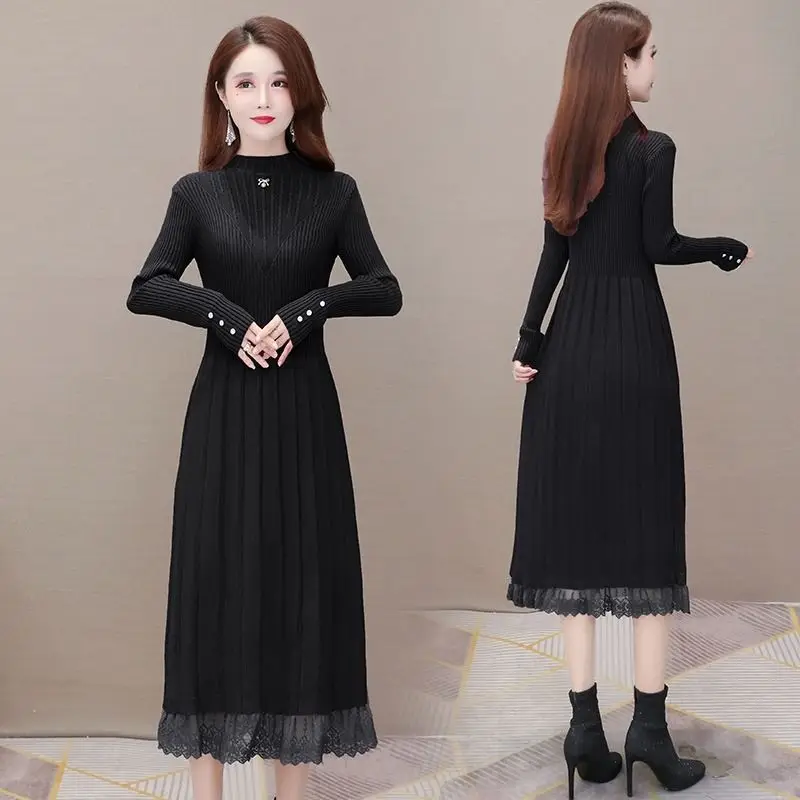 

Трикотажное платье внутри пальто, женские простые повседневные осенне-зимние новые платья, женский длинный свитер, длинные платья