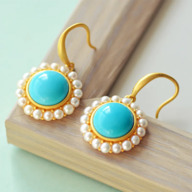 silver inlaid natural ore blue turquoise earrings charm pearl niche design craftsmanship elegant romantic women brand jewelry