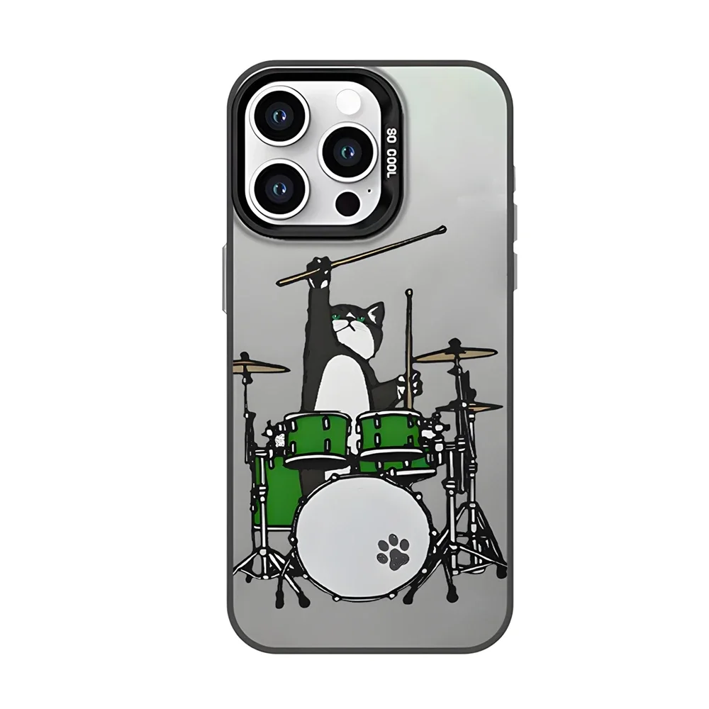 Funny Drummer Cat Phone Case for iPhone 15 16 Plus 12 13 mini 11 14 Pro Max XR Dual Layer Hard IMD Plastic Full Protection Cover