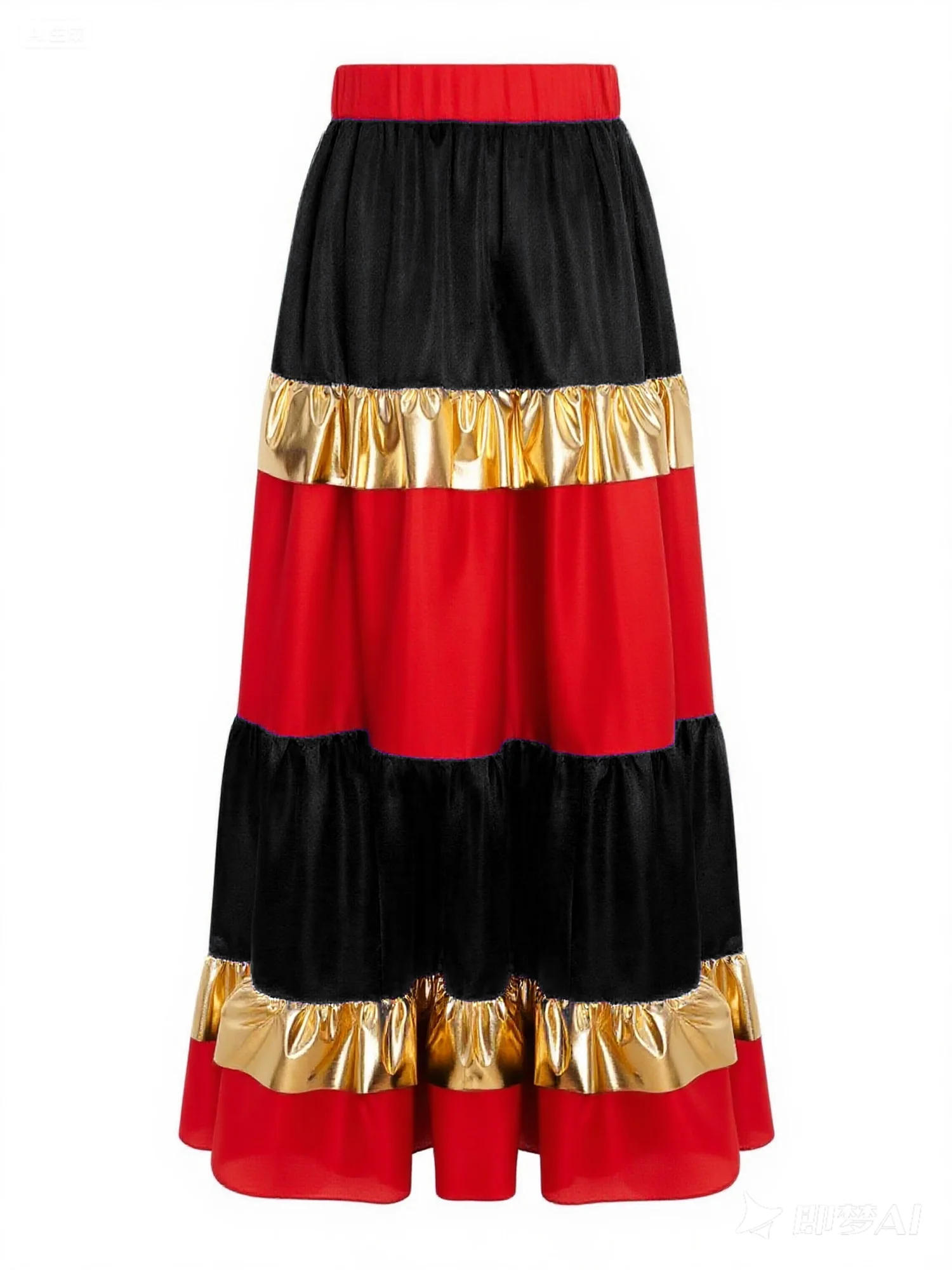 Kids Girls Waltz Flamenco Spanish Ballroom Dance Performance Costume Metallic Shiny Ruffled Satiny Big Swing Maxi Long Skirt