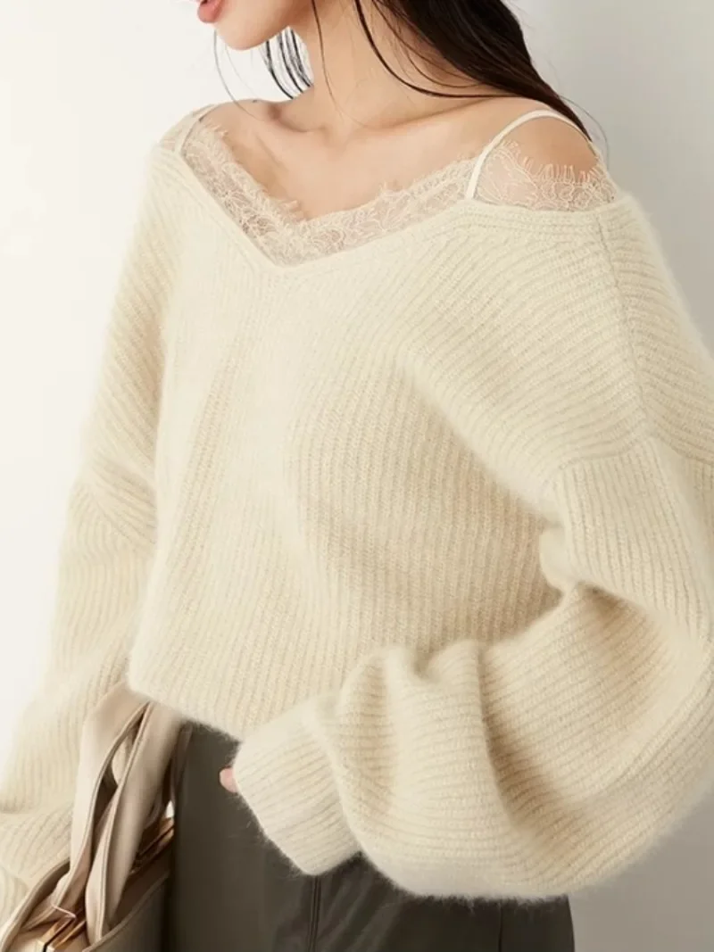 Fashion Elegant Lace Patchwork Pullover Sweater Loose Casual Long Sleeve Pull Femme 2024 Autumn Winter Japanese Knitwear Jumper