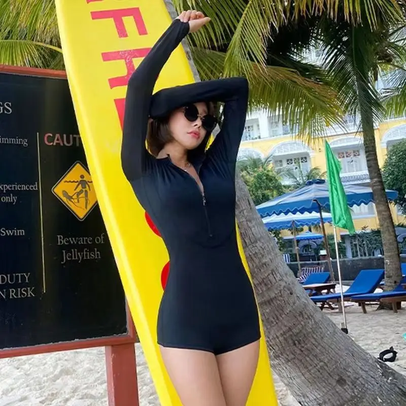 Fashion Women One Piece Swimsuit Long Sleeve Black Front Zipper Surfing Swimming Swimwear Sunscreen Shorts Surfwear Beachwear