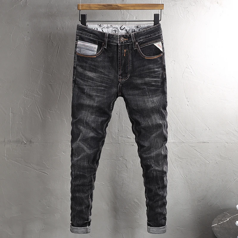 

Fashion Designer Men Jeans High Quality Retro Black Gray Stretch Slim Fit Ripped Jeans Men Italian Style Vintage Denim Pants