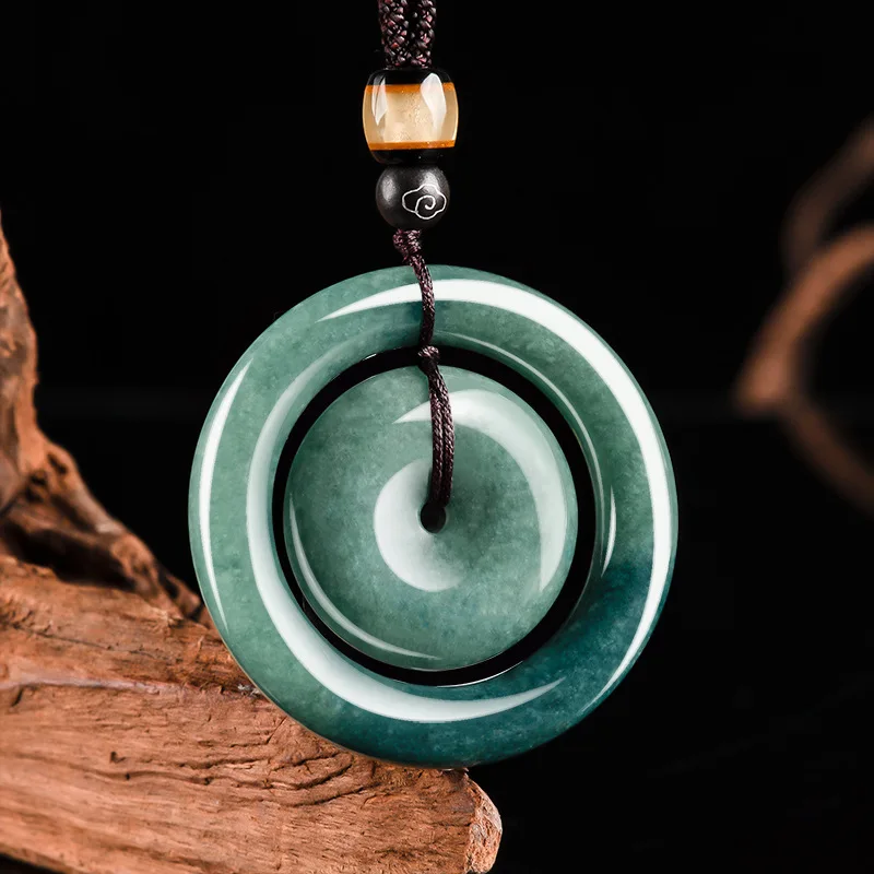 

Blue Myanmar Jadeite Donut Pendant Necklace Designer Natural Burmese Jade Carved Gemstone Real Jewelry Vintage Charm Stone