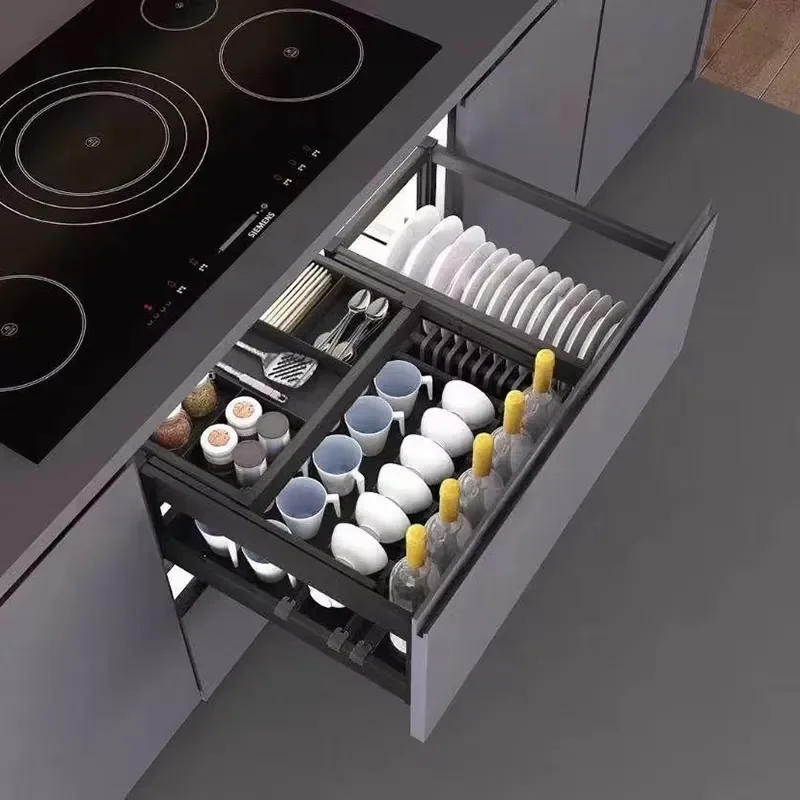Full aluminum cabinet drawer board and bowl basket, 3:7 split, half-pull medium drawer basket, flat-bottomed basket