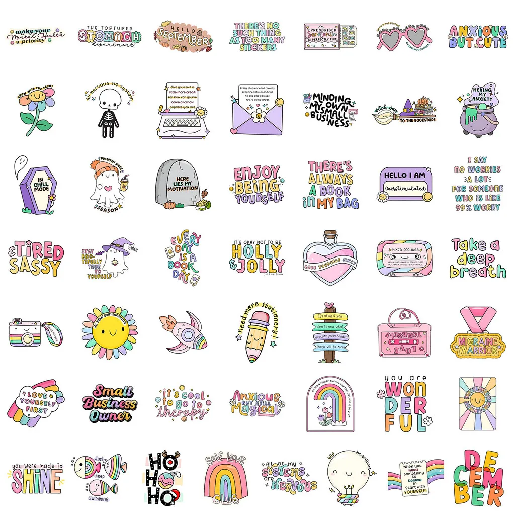 50PCS Cute Style English Phrases Graffiti Stickers - Waterproof Decor for Water Cup, Computer & Luggage(Anime Worlds Store)