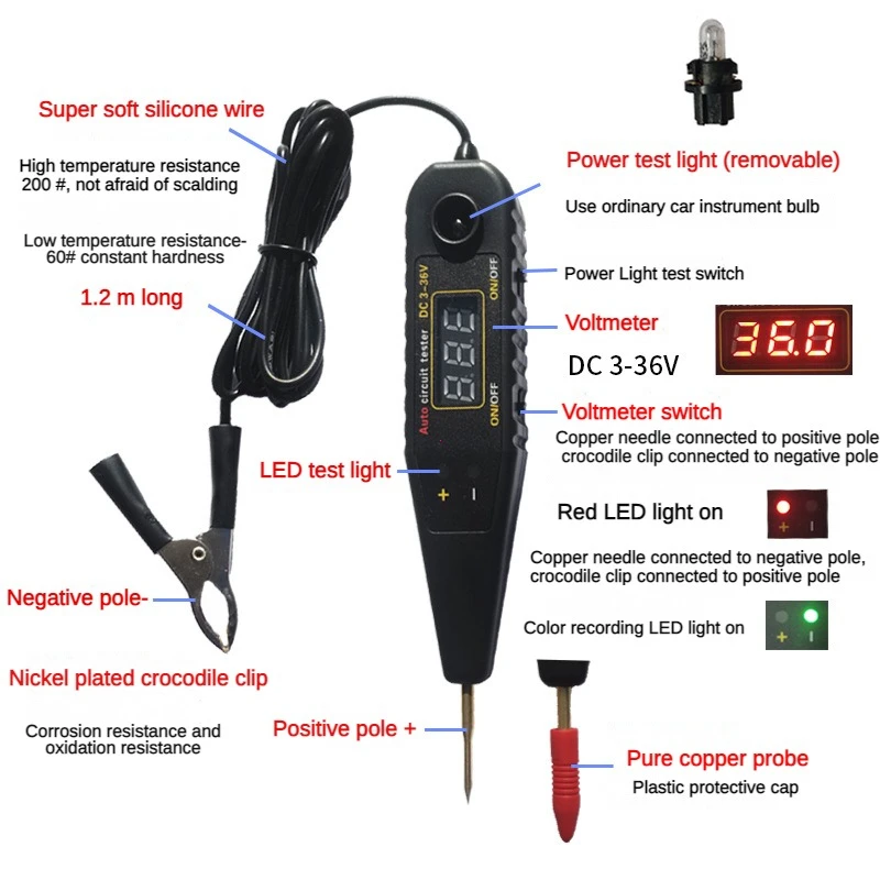 DC 0-36V Auto Circuit Tester Vehicle Pulse Sensor Signal LED Light Testing Pen Probe Car Power Voltmeter LED Diagnostic Tool