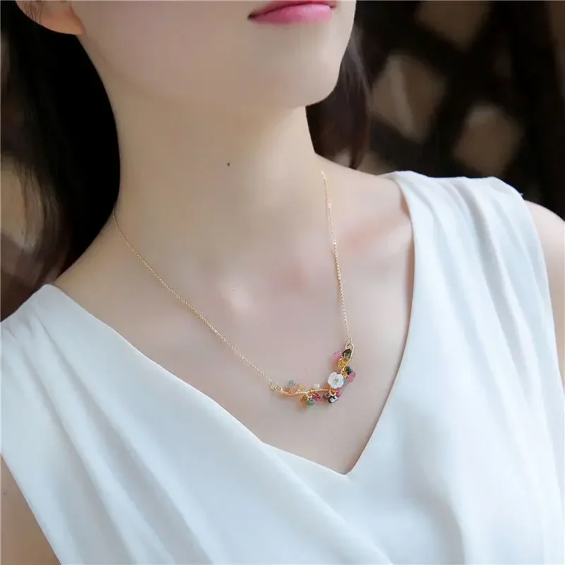 Kalung choker turmalin mutiara batu alam untuk wanita kalung bunga chinoiserie buatan tangan rantai sweater perhiasan mewah