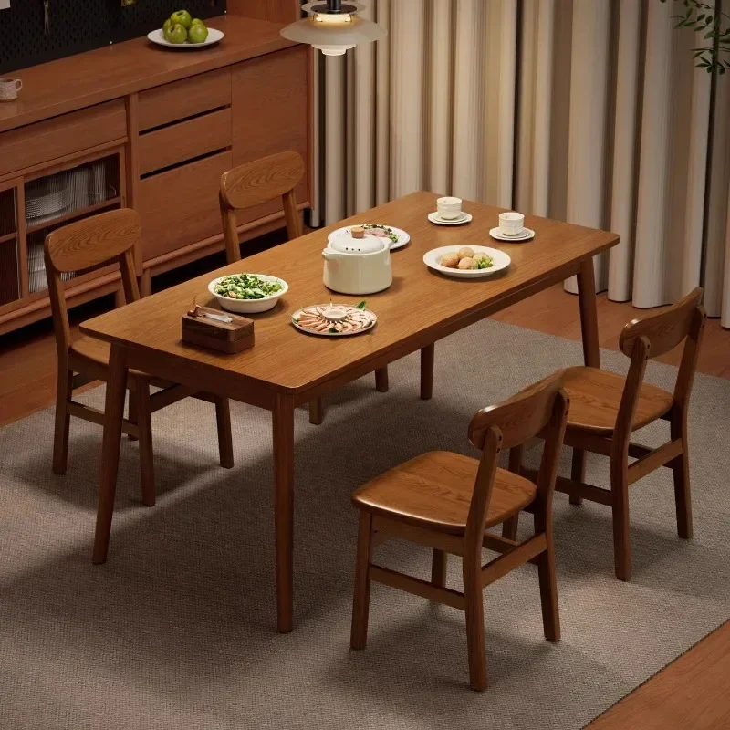 Solid wood dining table walnut color household small apartment eating table simple rectangular medieval dining