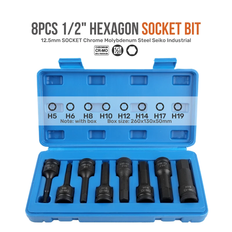 

High Spec 1/2" 1/2" Hexagon Socket Bit 8pcs Impact Allen Key Tool Power Hex Wrench Head Set Screwdriver Bits