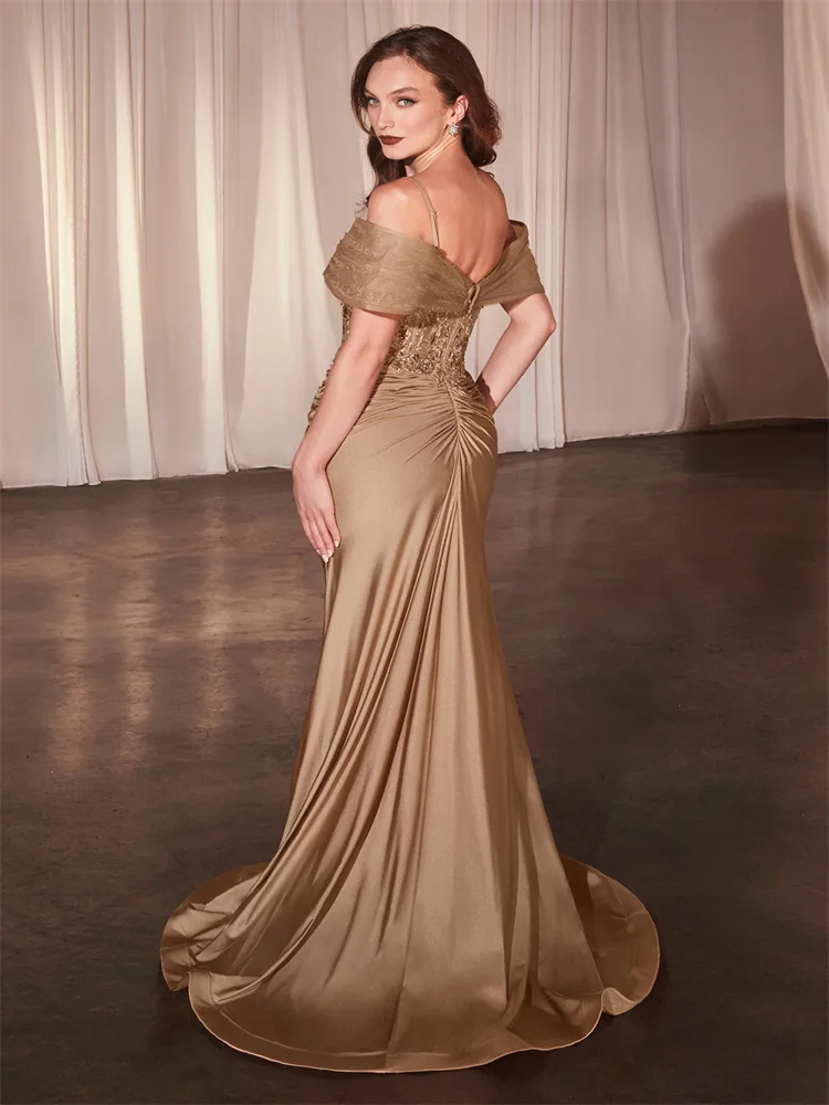 New Arrival Off Shoulder Neckline Thin Straps Trumpet Satin Evening Dress Elegant Back Zipper Floor Length Gown For Women 2024