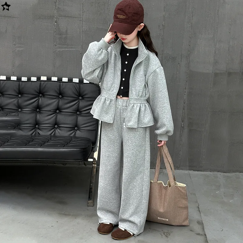 

Autumn School Girl Two-piece Sets Turn Down Collar Zipper Coat+Elastic Waist Sweatpant Children Girl Suits Solid Kid Girl Outfit