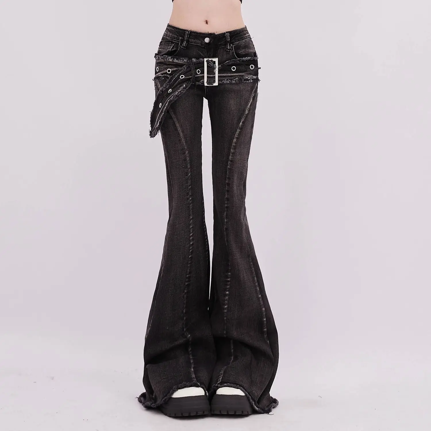 Vintage Slim Micro-flare Jeans Women Ins Fashionable Splicing Belt Edge Y2K Pants High Waist Straight American Street Trousers