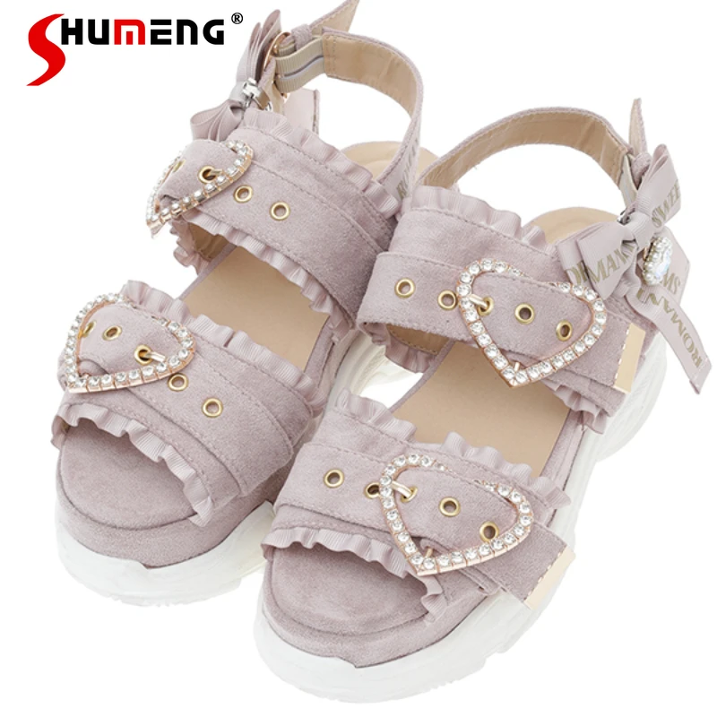 Sweet Cute Summer Sports Sandals Women Japanese Mine Mass-Produced Kawaii Rhinestone Bow Lace Platform Shoes Peep Toe Sandals