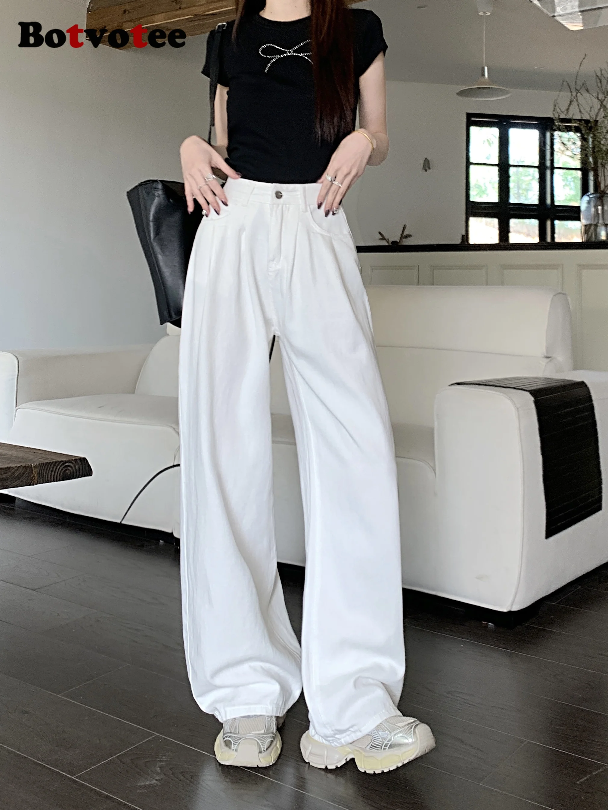 

Botvotee Женские белые широкие джинсы - свободные джинсовые брюки с высокой талией, струящиеся брюки, 2025 г., новые модные удобные белые джинсы