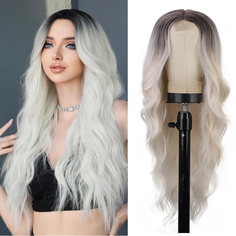 

26 Inch Long Water Wave Wigs for Women Natural Wavy Middle Part Cosplay Wig Ombre White Synthetic Heat Resistant Wig Daily Used