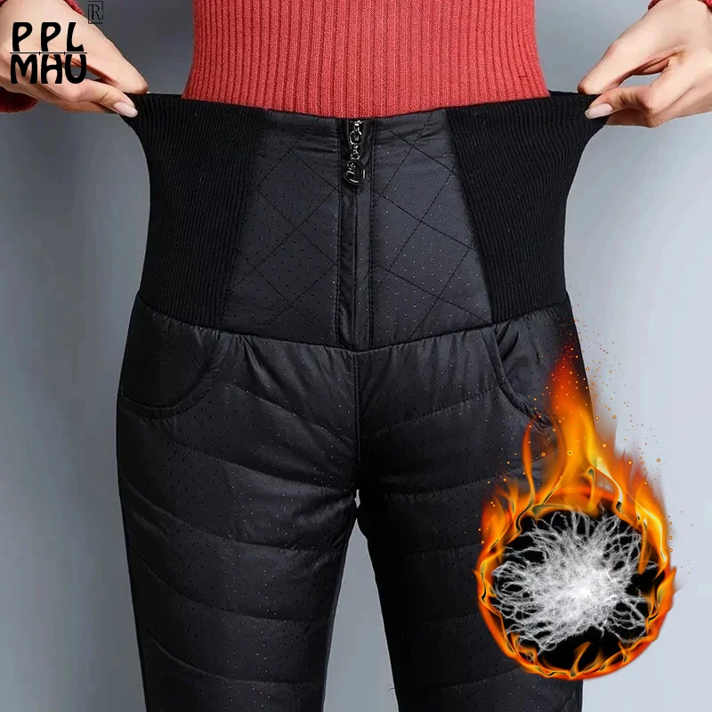 Duck Down Cotton Pants Winter Side Stretch Women High Waist Oversize Skinny Pantalones Black Zipper Windproof Snow Warm Trousers