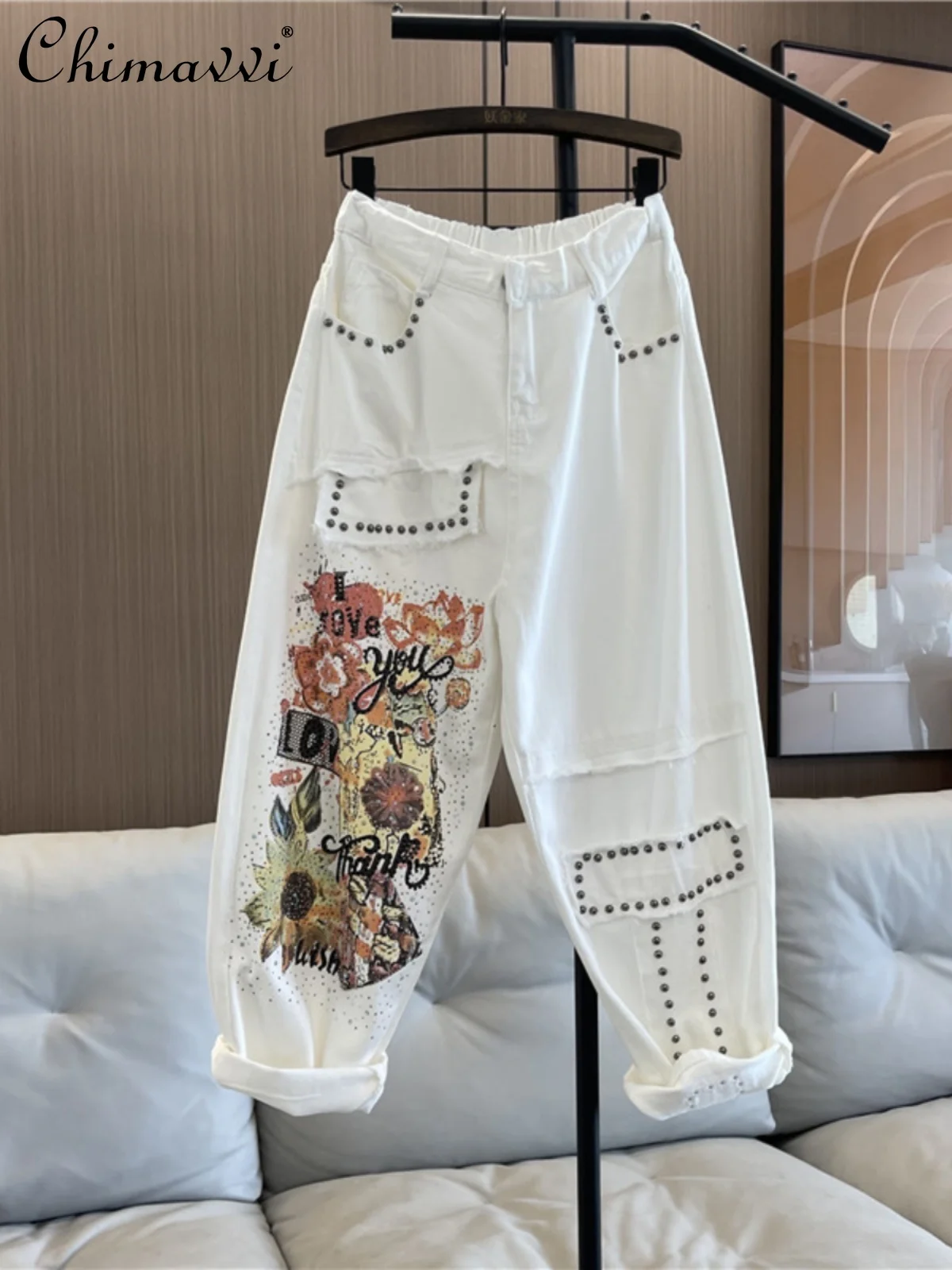 European Personalized White Jeans for Women 2024 Summer New Fashion Elastic Waist Loose Larger Size Painted Cropped Harem Pants