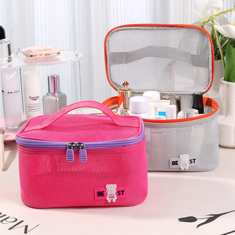 Portable Bathing Bag Mesh Shower Toiletry Pouch Travel Makeup Beach Quick Drying Storage Bag Large Capacity Mesh Cosmetic Bag