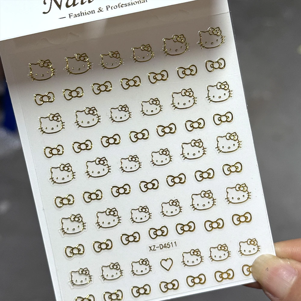 6 pezzi di adesivo per unghie giapponese Kawaii Bow HelloKitty rosa, bianco, nero, rosso, oro, argento Cartoon testa di gatto colla posteriore decalcomanie per unghie-_8