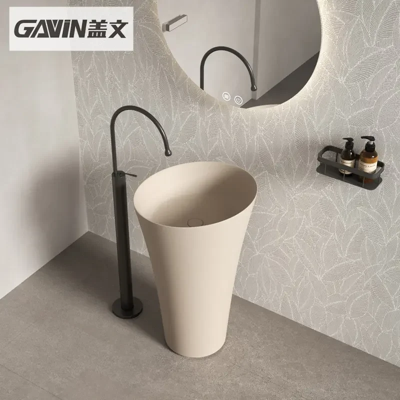 sBc Round Artificial Stone Washbasin Integrated Floor Standing Pedestal Sink for Bathroom Villa Balcony Vanity