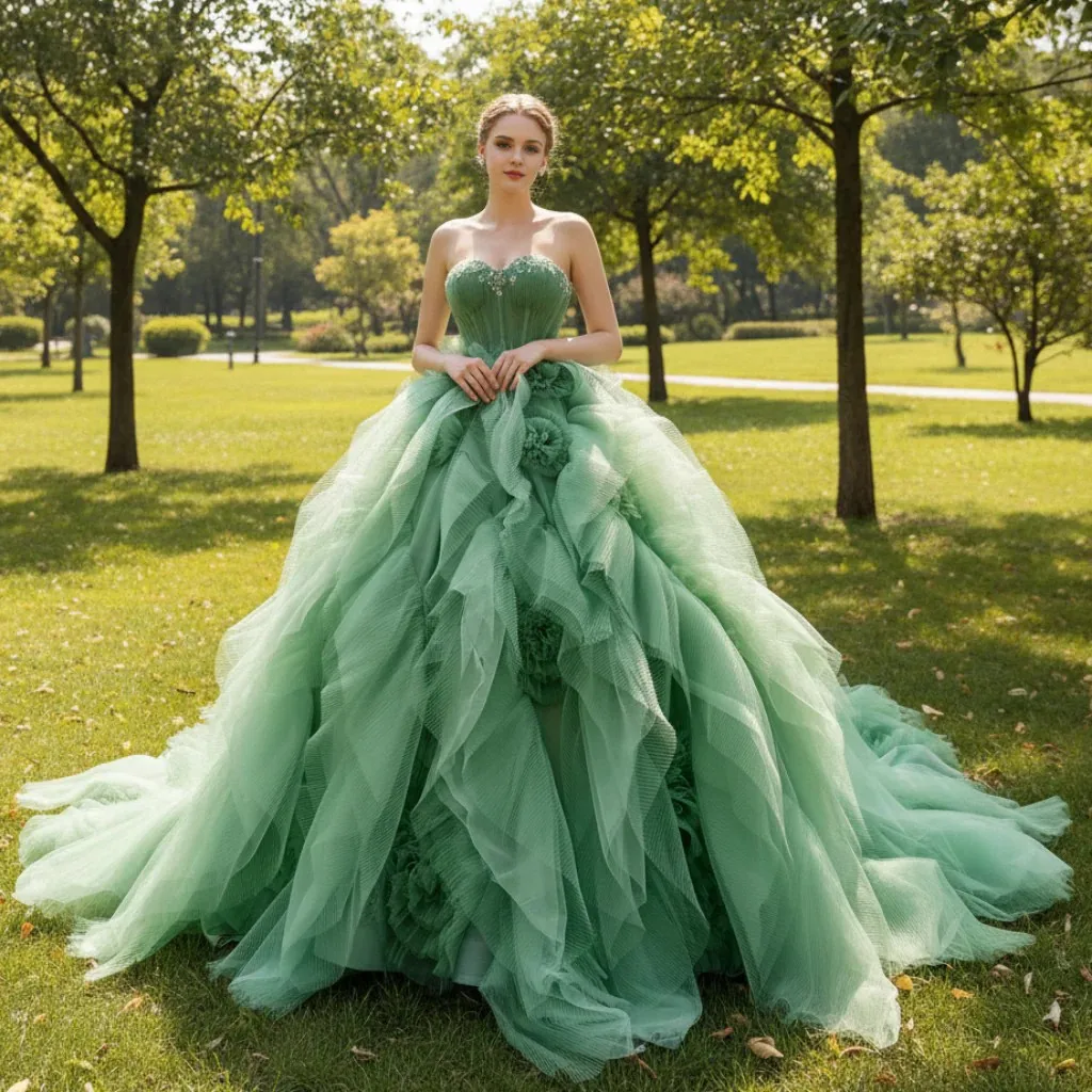 

Rosymae Elegant Green Strapless Tulle Party Dress Sequin-Accented Bodice Ruffled Skirt Lace-Up Corset Back Formal Gown for Women