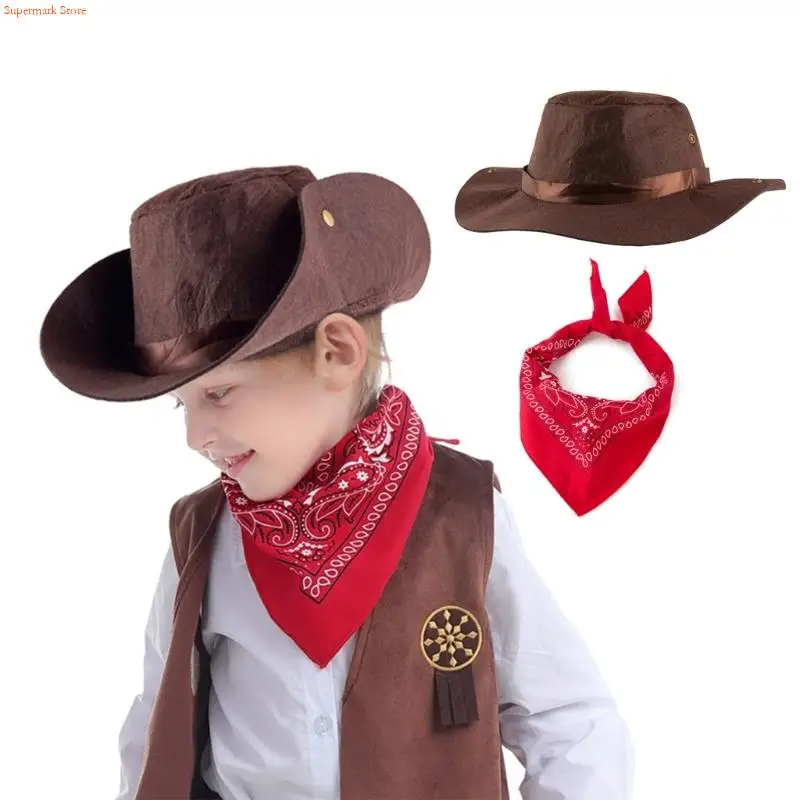 Q5WE 2Pcs Cowboy Hats Bandanna Set Western Cowboy Costume for Halloween Party Dressing Up Pretend Play Western Outfits Kids