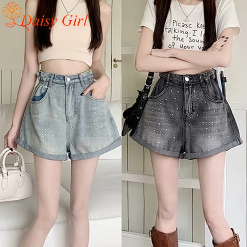 

2025 Summer New Fashion Hot Diamond High Waist Wide-Leg Denim Shorts Girl Loose Slim A-Line Curly Elastic Waist Hot Pants