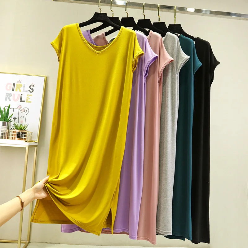 Modal Sleepwear Oversized Loose Mid Length Nightdress V-neck A-line Knee Length Home Thin Clothes for Women Summer Night Gown