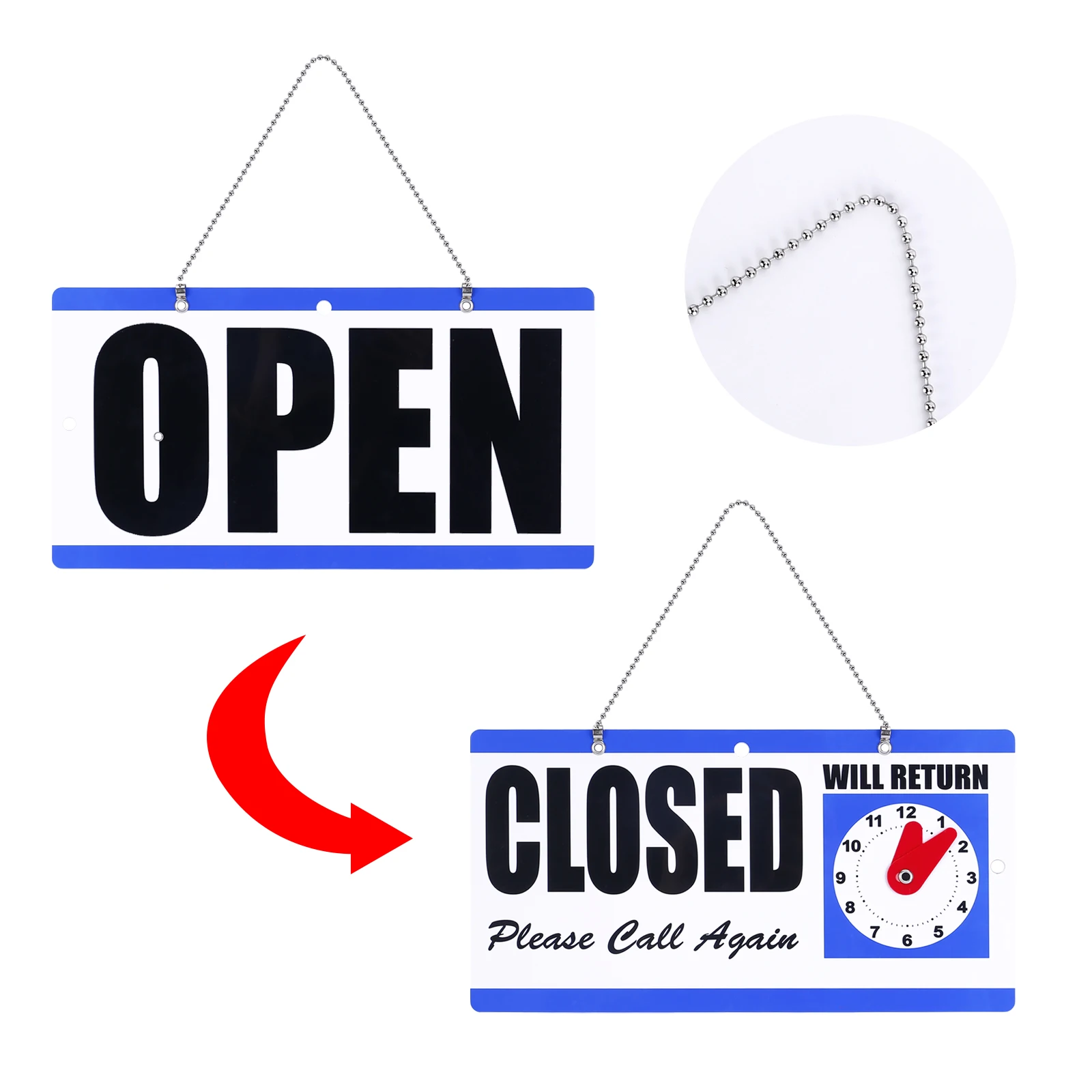 Sinal aberto e fechado Eagle, plástico, com corrente suspensa, lados duplos com relógio “Will Return”, 6X11,5 polegadas