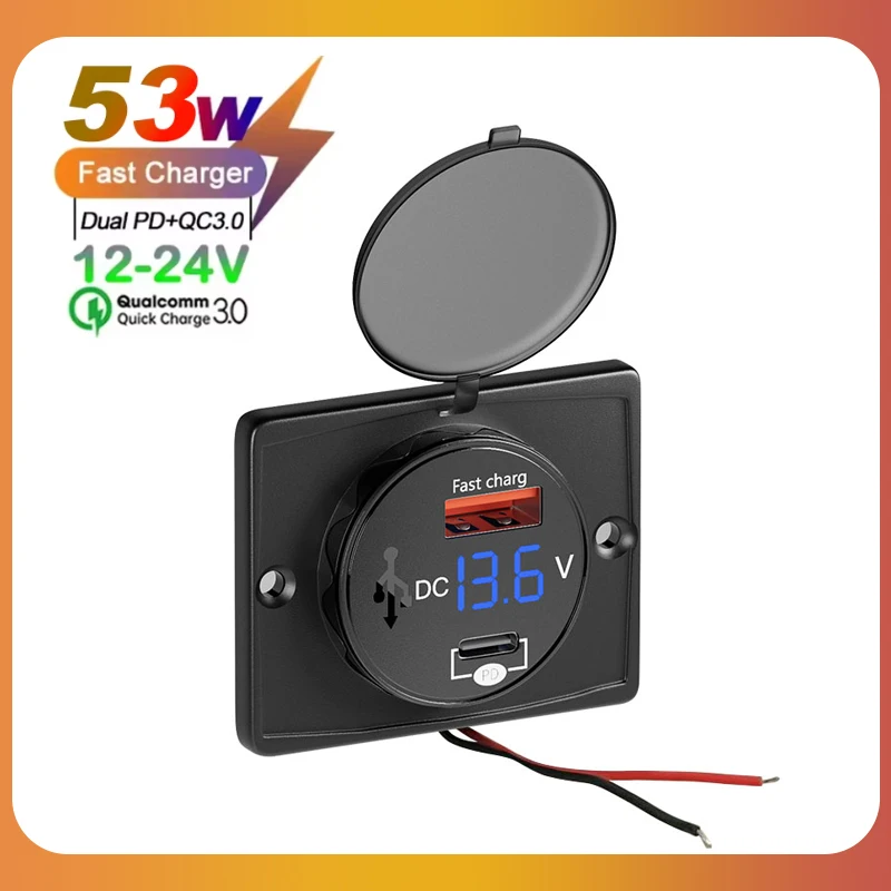 

12V/24V QC3.0 USB PD Fast Charger with Voltage Digital Display Waterproof Fast Charging Led Light Usb Charger for Car Boat Truck
