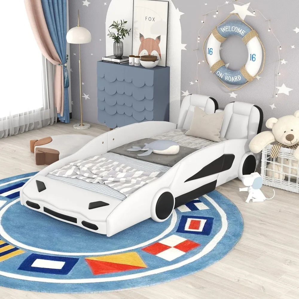 Tempat tidur mobil ukuran ganda, balap berbentuk mobil Platform rangka tempat tidur kayu dengan roda & kedua sisi, dukungan Slat, furnitur tempat tidur anak-anak