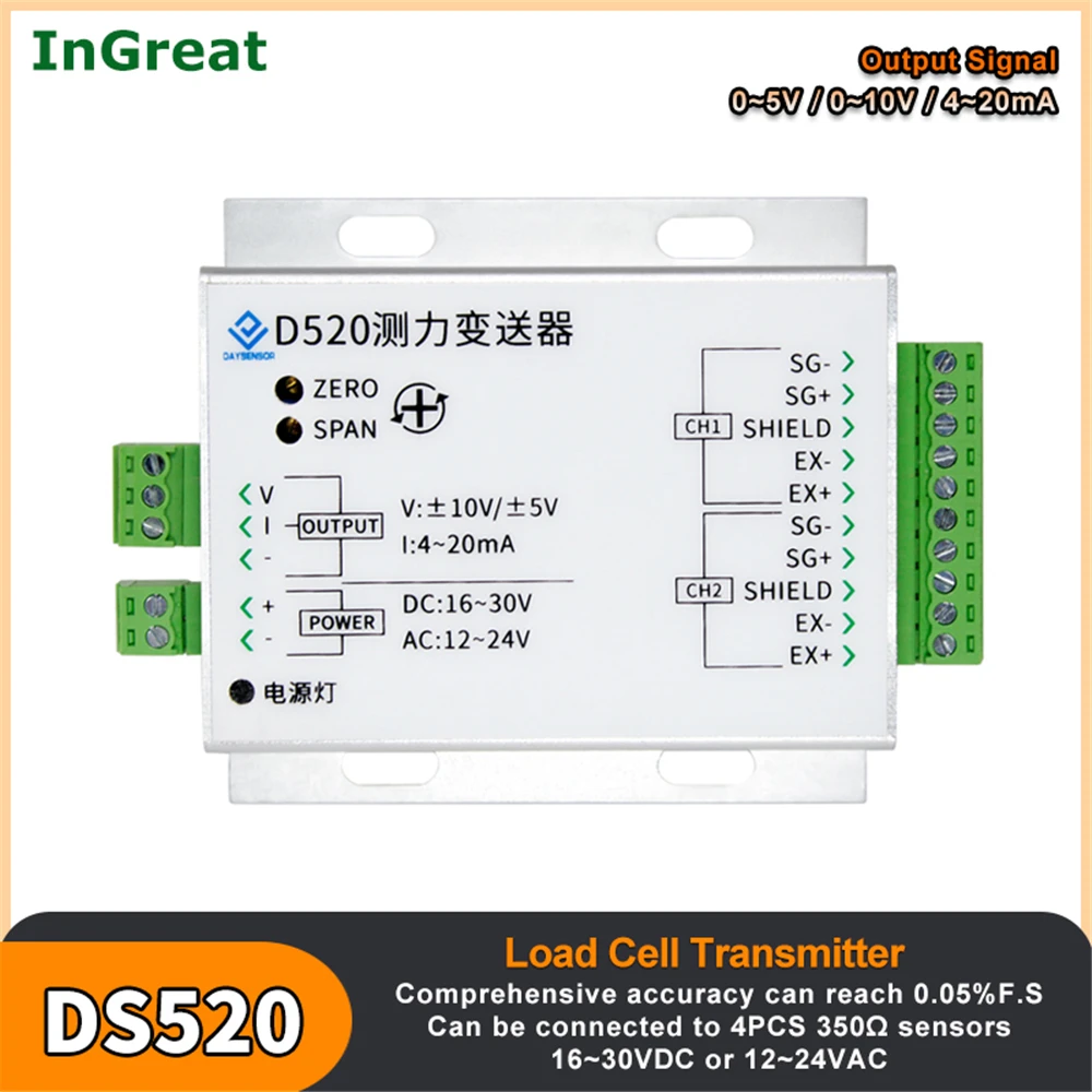 Load Cell Transmitter Transducer Amplifier Weighing Transmitter Weight Sensor Amplifier 0-5V 0-10V 4-20mA Output 2Channel Input