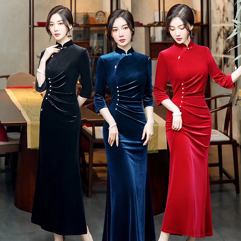 

Stand Collar Solid Color Chinese Style Dresses Velvet Fishtail Pleats Long Dress Qipao Vintage Button Women Cheongsam Vestidos