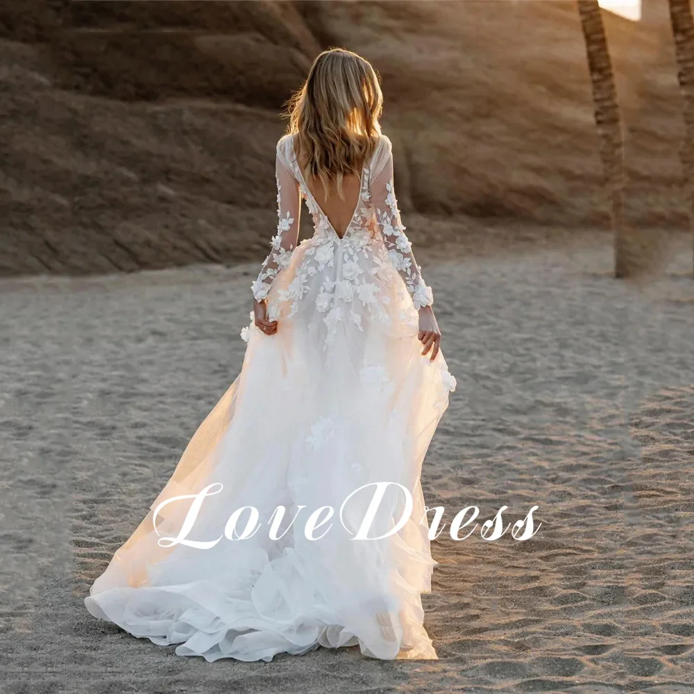 Robes de mariée A-ligne en tulle avec appliques en dentelle, robe de mariée élégante Love, manches longues, col en V profond, dos nu, longueur au sol, quel que soit personnalisé