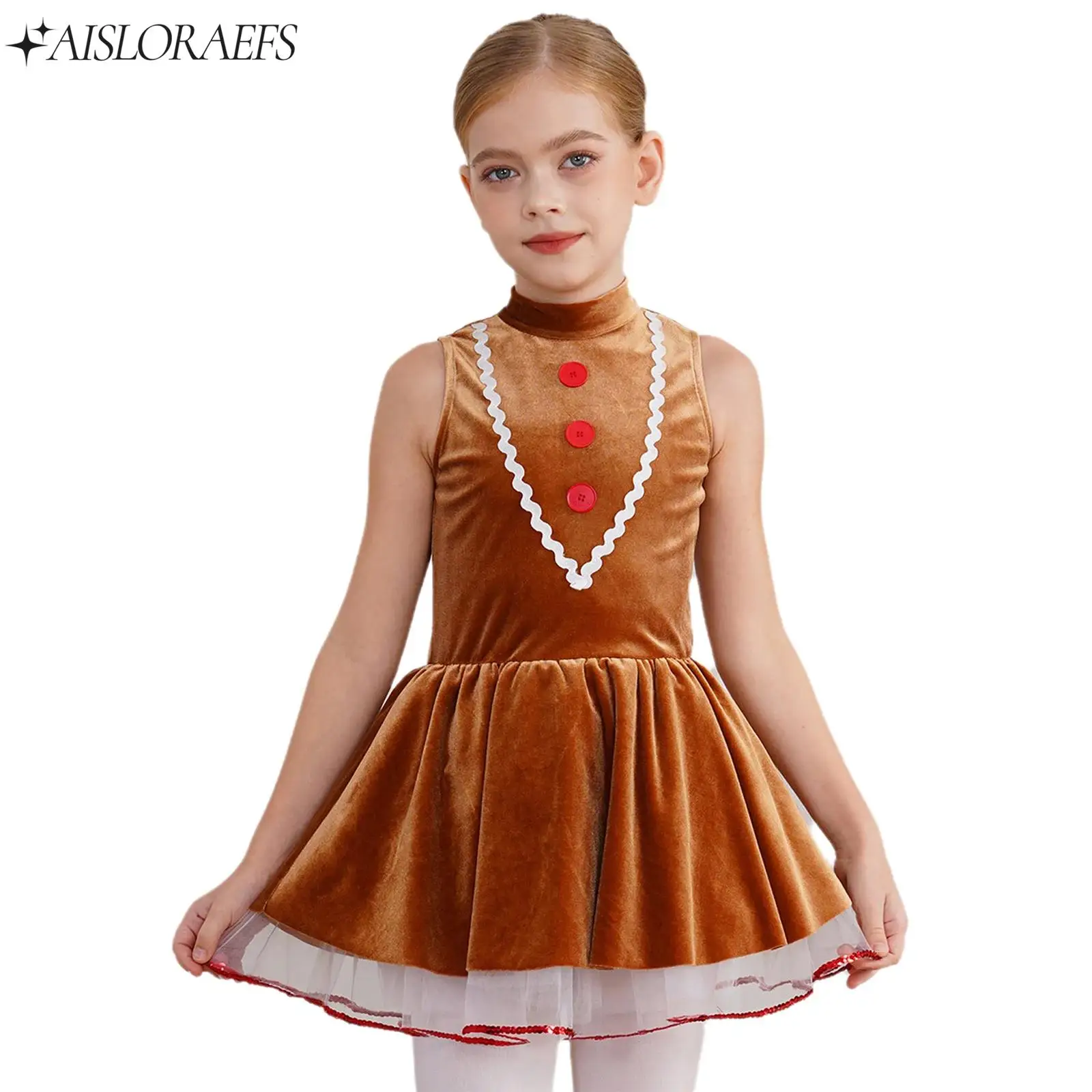 Children Girl Christmas Gingerbread Man Costume Gingerbread Cookies Cosplay Costume Sleeveless Tutu Dress Dance Leotard Jumpsuit