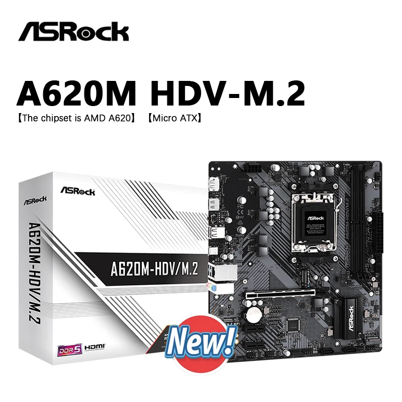 

ASROCK A620M-HDV/M.2 Motherboard, LGA 1718, AMD A620,Micro ATX, DDR5,Supports Socket AM5 Ryzen 8000 and 7000 Series processors