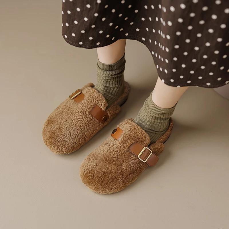 Dilalula 2026 موضة النساء نعال من الصوف كعوب منخفضة سميكة مغطاة تو حزام مشبك ديسمبر سيدة الخريف الشتاء الدافئة البغال عادية #3