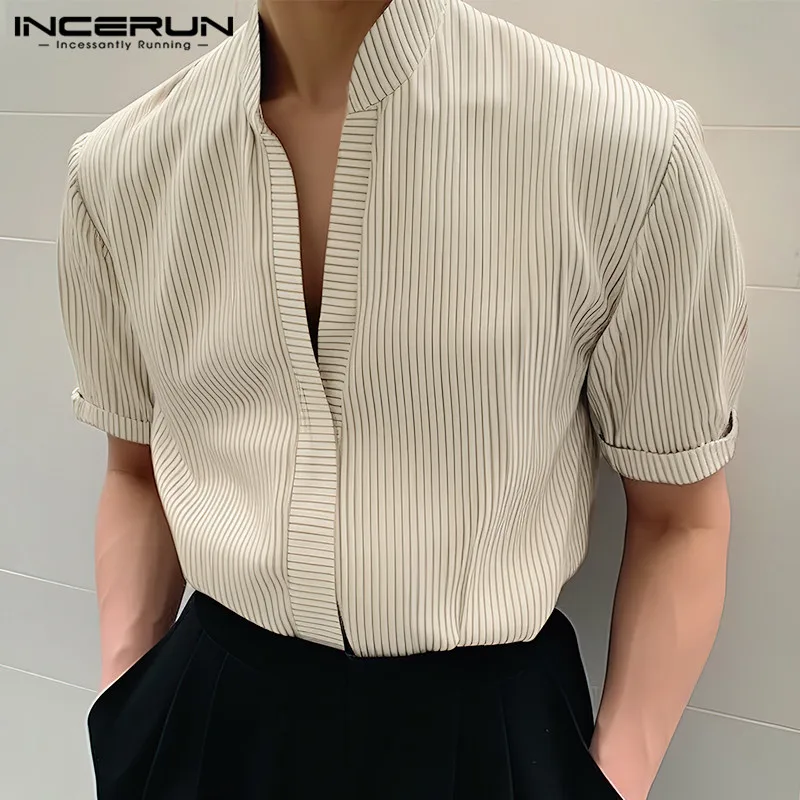 INCERUN Tops 2024 Korean Style New Men\'s Striped Stand Neck Design Shirts Leisure Streetwear Hot Sale Short Sleeved Blouse S-5XL