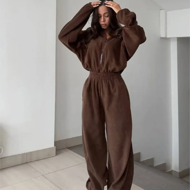 

Новые женские повседневные спортивные комбинезоны с отложным воротником, молнией, длинными рукавами и эластичной талией, осенний модный свободный спортивный костюм